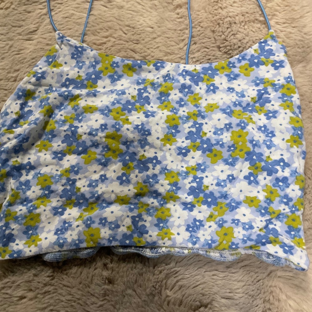 Kendall & Kylie  Tank Size Small Floral Blue Green Spaghetti Strap Womens Crop - Picture 2 of 5